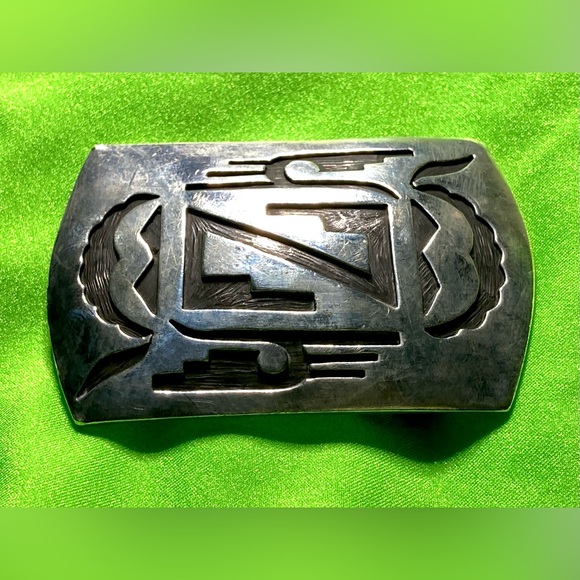 Navajo Hopi Belt Buckle .925 SOLID Sterling Silver Handmade Overlay Circa 1980\'s main image 5